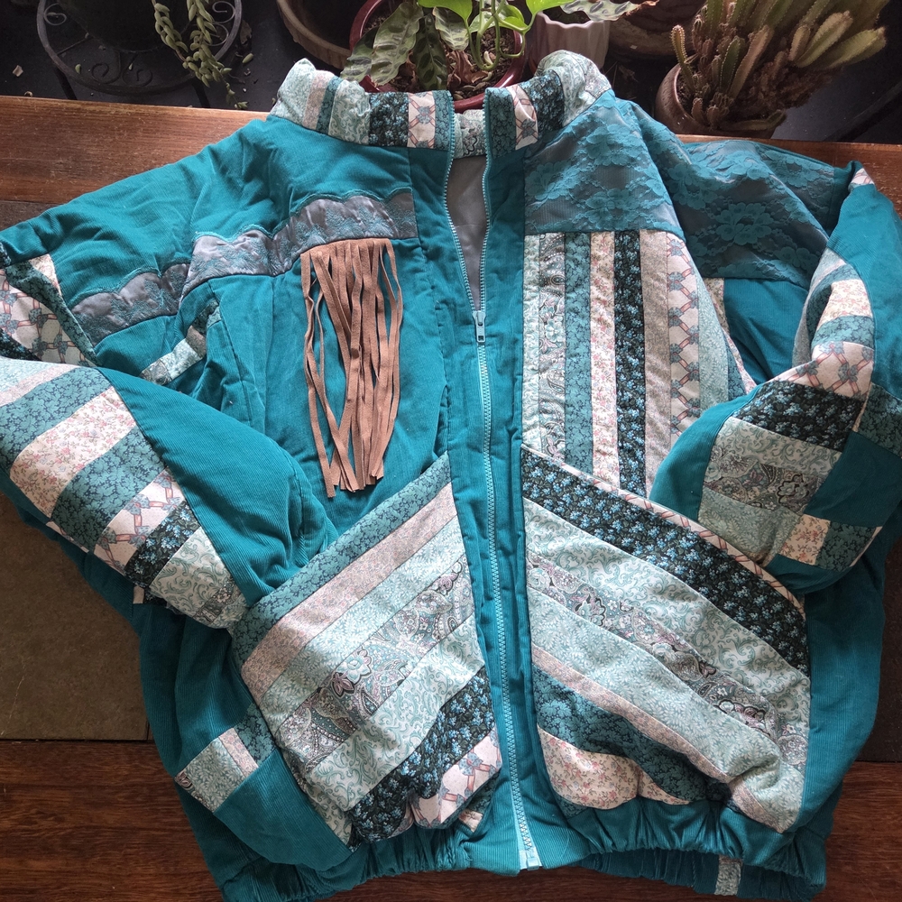 Vibrant Teal Patchwork Bomber Jacket - image 1